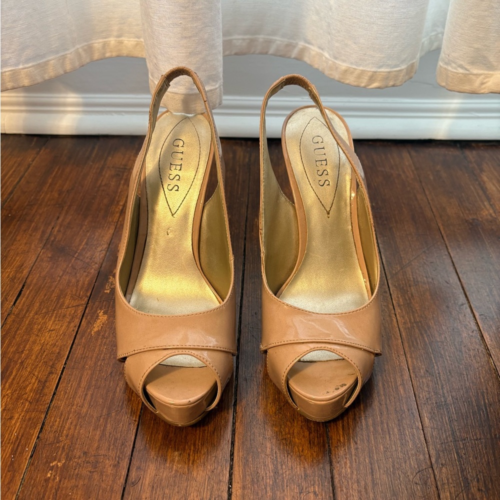 Guess Women's Tan Peep-Toe Slingback Stiletto Heels